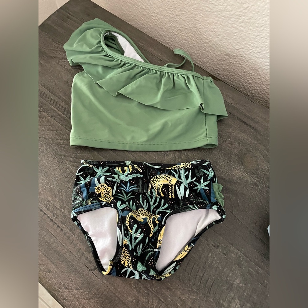 Green Ruffle One-Shoulder Kids two piece Swim bathing suit Set
